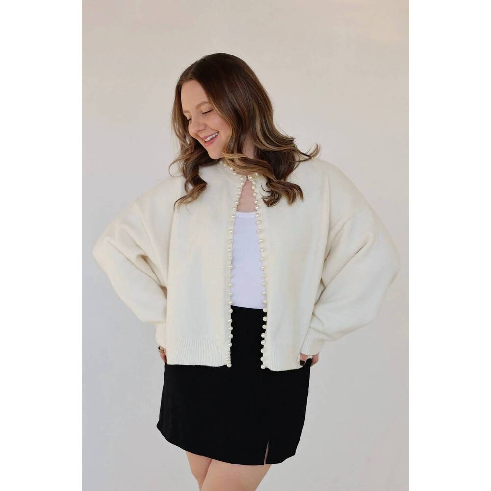 NEW KLESIS eloise pearl embellished knit cardigan in ivory